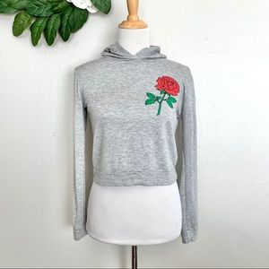 Rose Floral Decal Gray Long Sleeve Crop Hoodie S